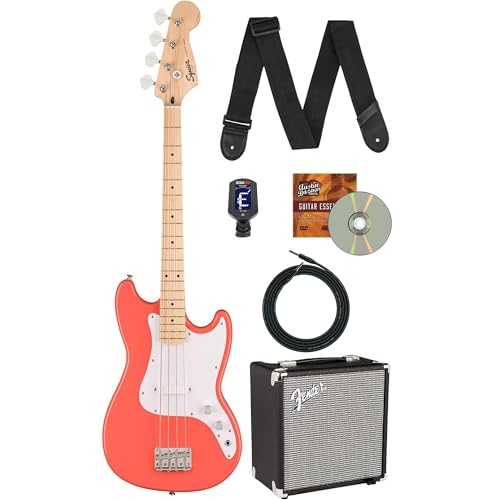 Fender Squier Sonic Bronco Bass - Tahitian Coral w/ Rumble 15 Amplifier