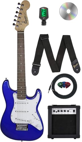 Fender Squier 3/4-Size Kids Mini Strat Electric Guitar - Imperial Blue w/ Amplifier