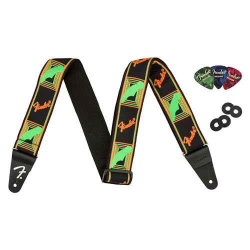 Fender Neon Monogrammed 2-Inch Guitar Strap - Green and Orange w/ Strap Blocks