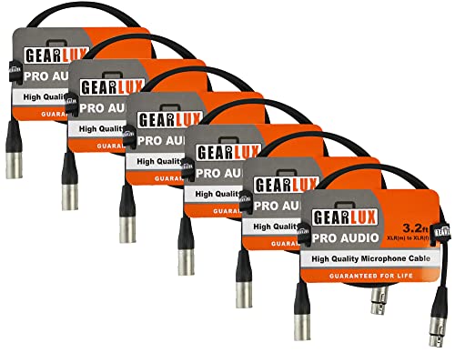 Gearlux 3.2-Foot XLR Microphone Cable, Fully Balanced, Male to Female, Black - 6 Pack