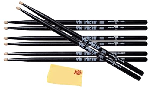 Vic Firth American Classic 5A Black Drumsticks - 4 Pairs with Austin Bazaar Polishing Cloth