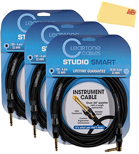Cleartone 15-Foot Studio Smart Instrument Cable, Straight-Angled, 22 AWG - 3 Pack