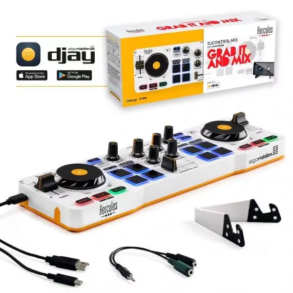 Hercules DJControl Mix Bluetooth Wireless DJ Controller for Smartphones - White w/ Case