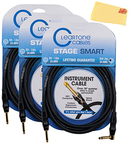 Cleartone 10-Foot Stage Smart Instrument Cable, Straight-Angled, 24 AWG - 3 Pack