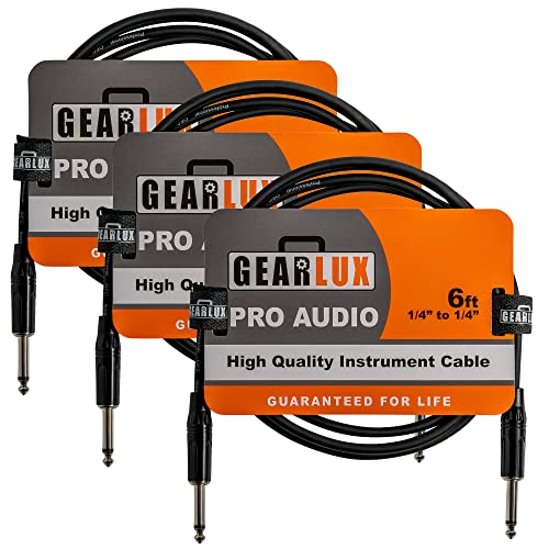 Gearlux 6-Foot Instrument Cable, 1/4 Inch, Straight-Straight, Black - 3 Pack