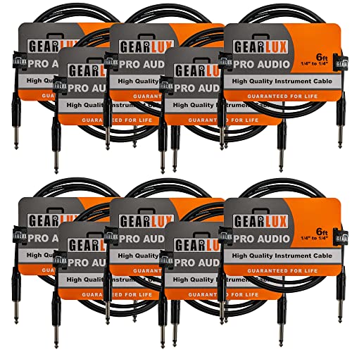 Gearlux 6-Foot Instrument Cable, 1/4 Inch, Straight-Straight, Black - 10 Pack