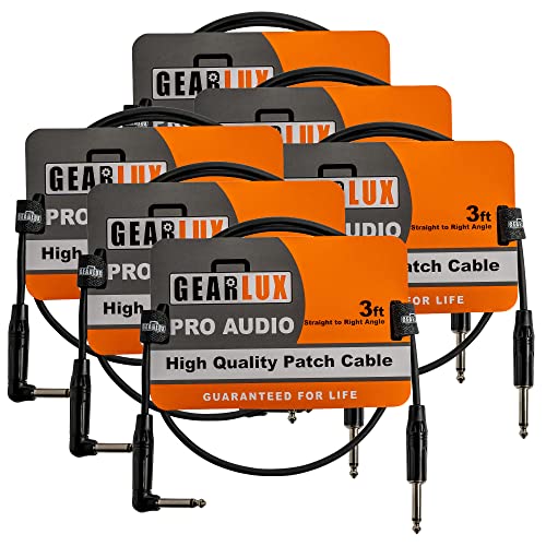 Gearlux 36-Inch Guitar Patch Cable, 1/4 Inch, Straight-Angled, Black - 6 Pack
