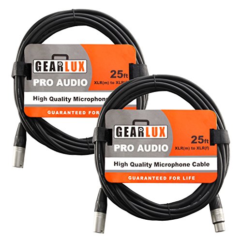 Gearlux 25-Foot XLR Microphone Cable, Fully Balanced, Male to Female, Black - 2 Pack