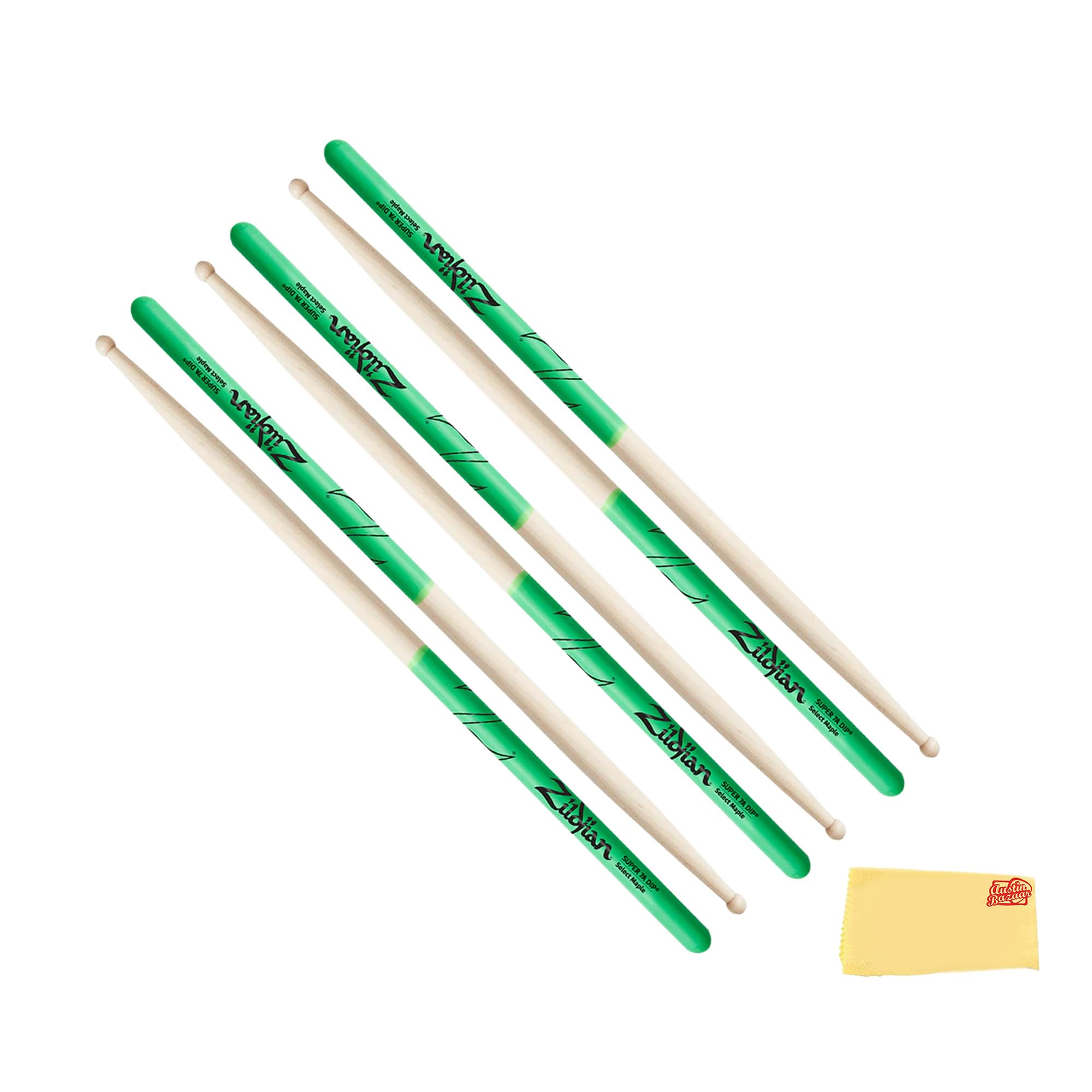 Zildjian Super 7A Maple Green DIP Drumsticks - 3-Pack Bundle with Austin Bazaar Polishing Cloth