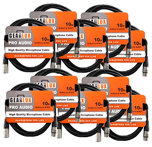 Gearlux 10-Foot XLR Microphone Cable, Fully Balanced, Male to Female, Black - 10 Pack