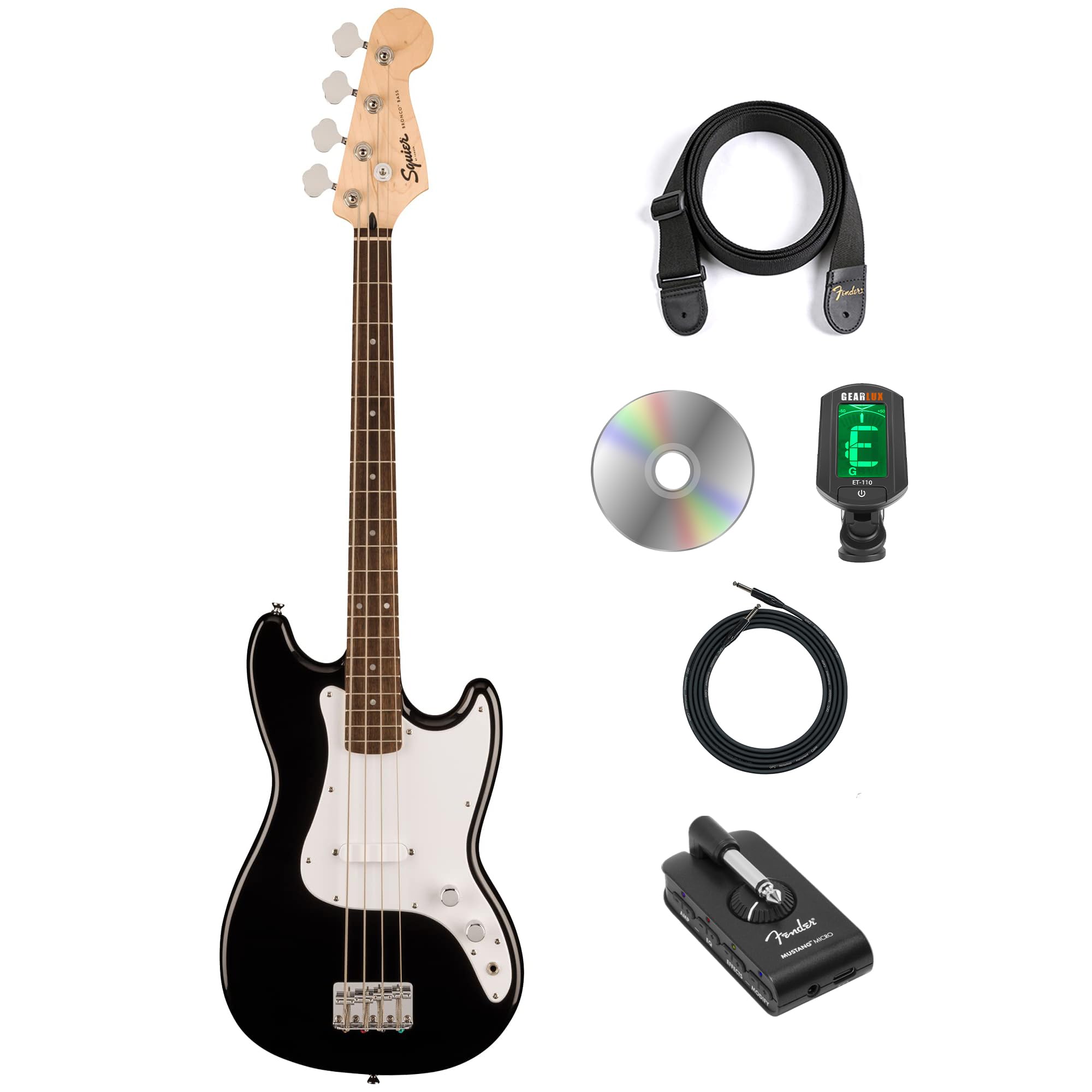 Fender Squier Sonic Bronco Bass Guitar - Black w/ Mustang Micro