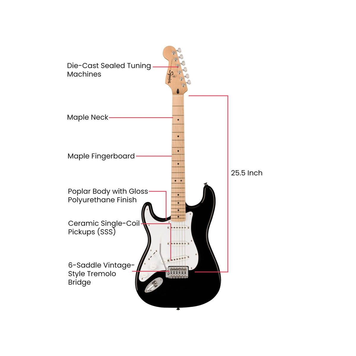 Fender Squier Sonic Stratocaster, Left Handed - Black w/ Mustang Micro