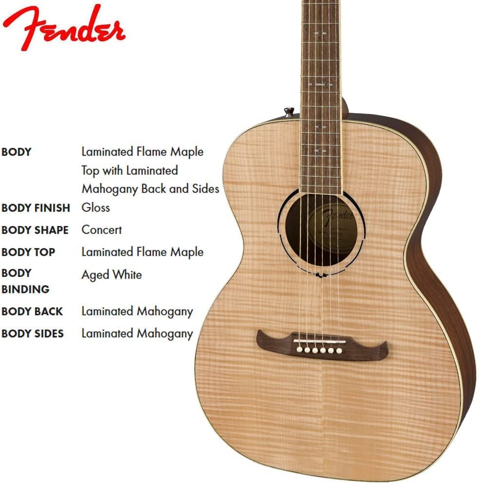 Fender FA-235E Flame Maple Top Concert Acoustic-Electric Guitar - Natural w/ Strap