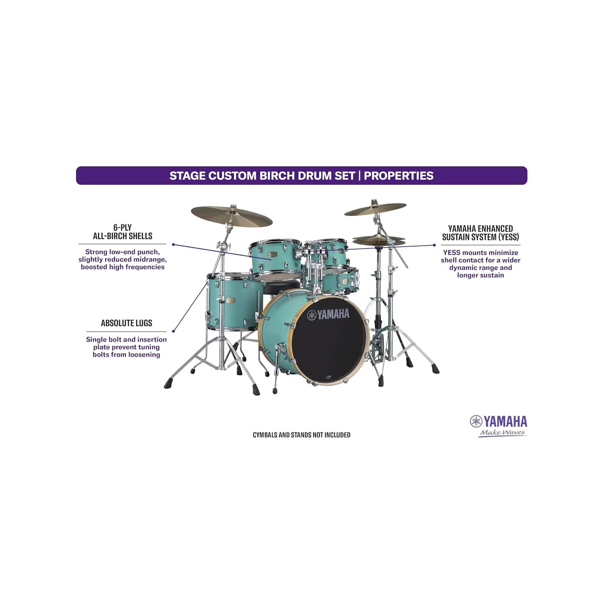 Yamaha SBP2F50 Stage Custom Birch 5-Piece Shell Pack - Matte Surf Green