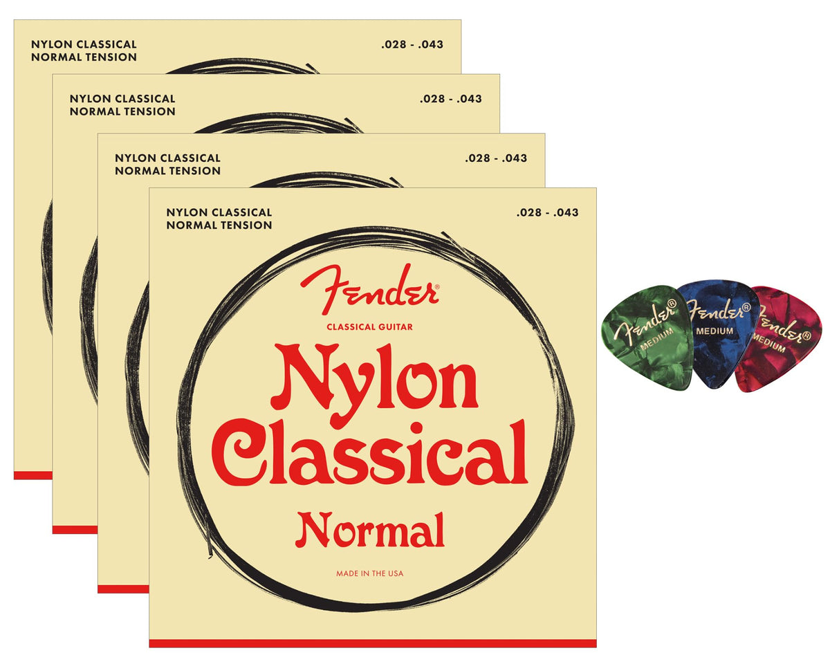 Fender Nylon Classical Guitar Strings, Normal Tension, .028-.043, Tie End - 4 Pack w/ Picks