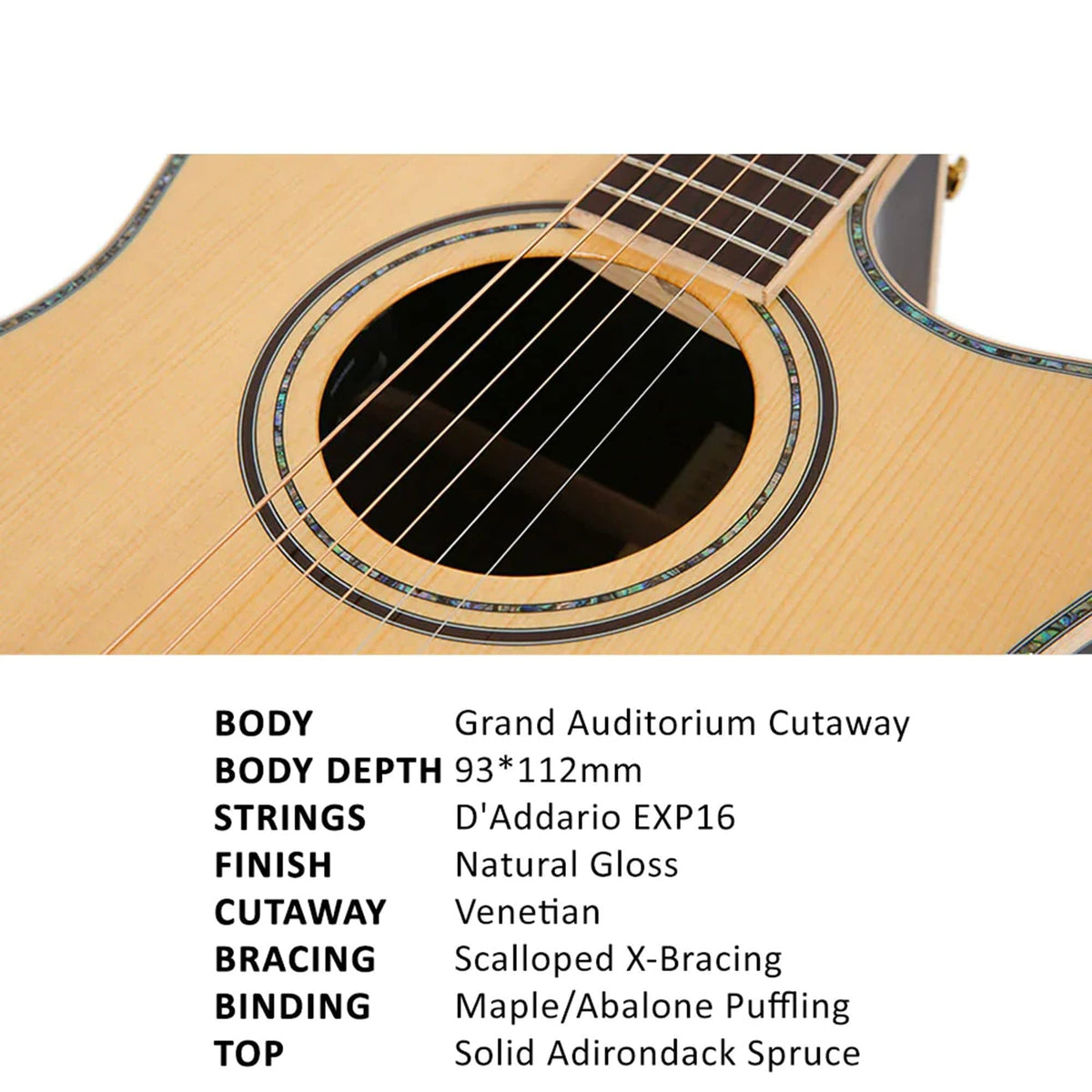 Parkwood GA880 ADK Grand Auditorium Cutaway Semi Acoustic Guitar - Natural