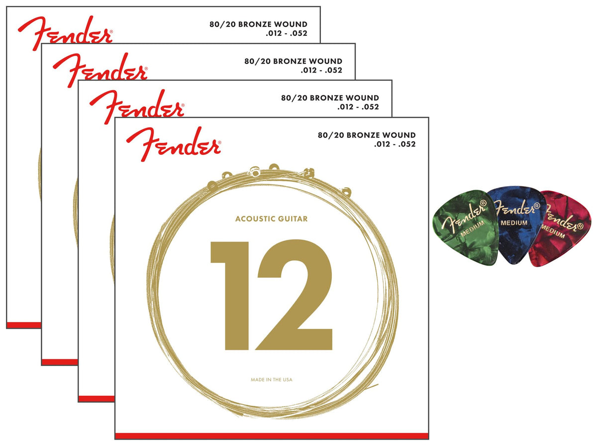 Fender 80/20 Bronze Acoustic Guitar Strings, Ball End, Light, .012-.052 - 4 Pack with Picks