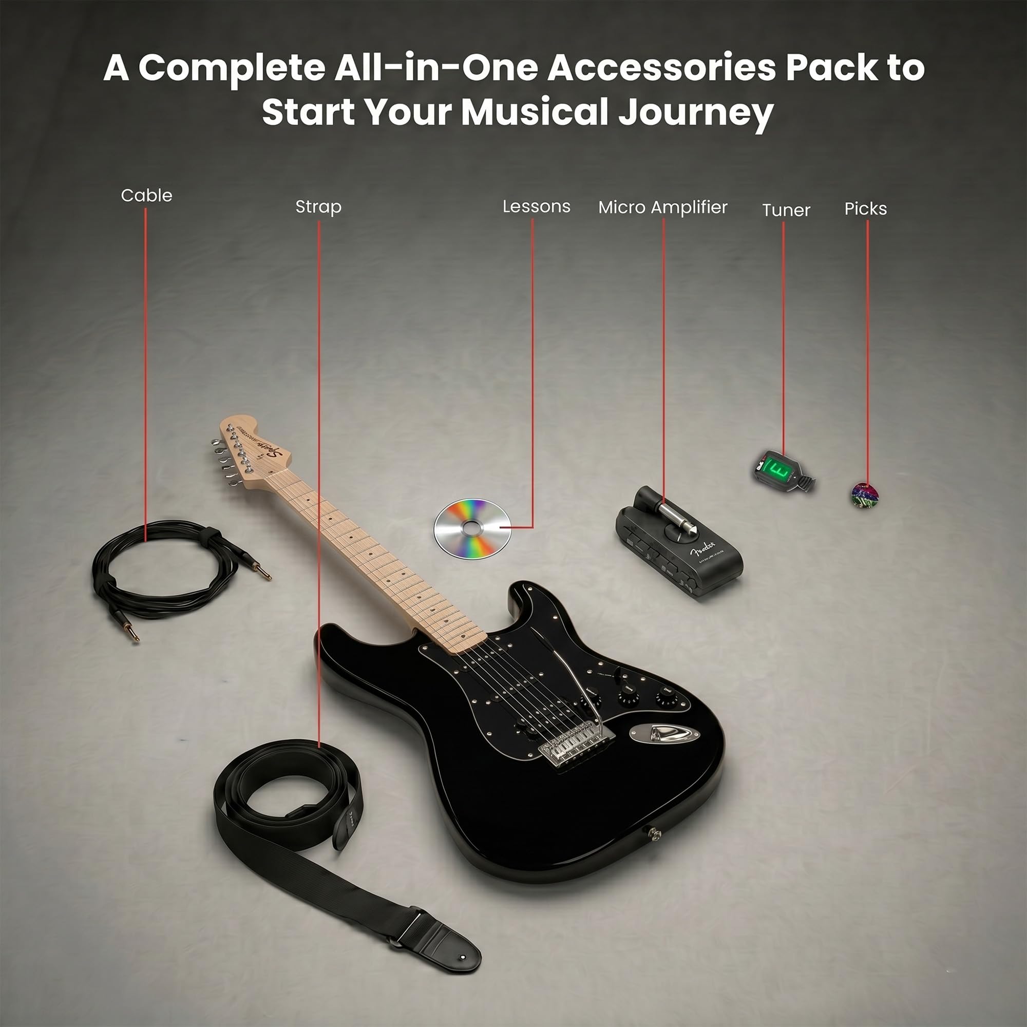 Fender Squier Sonic Stratocaster HSS - Black w/ Mustang Micro Headphone Amplifier
