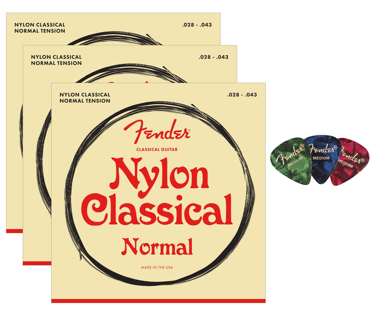 Fender Nylon Classical Guitar Strings, Normal Tension, .028-.043, Tie End - 3 Pack w/ Picks