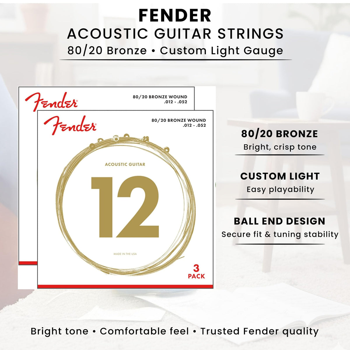 Fender 80/20 Bronze Acoustic Guitar Strings, Ball End - Light .012-.052 - 6 Pack w/ Picks