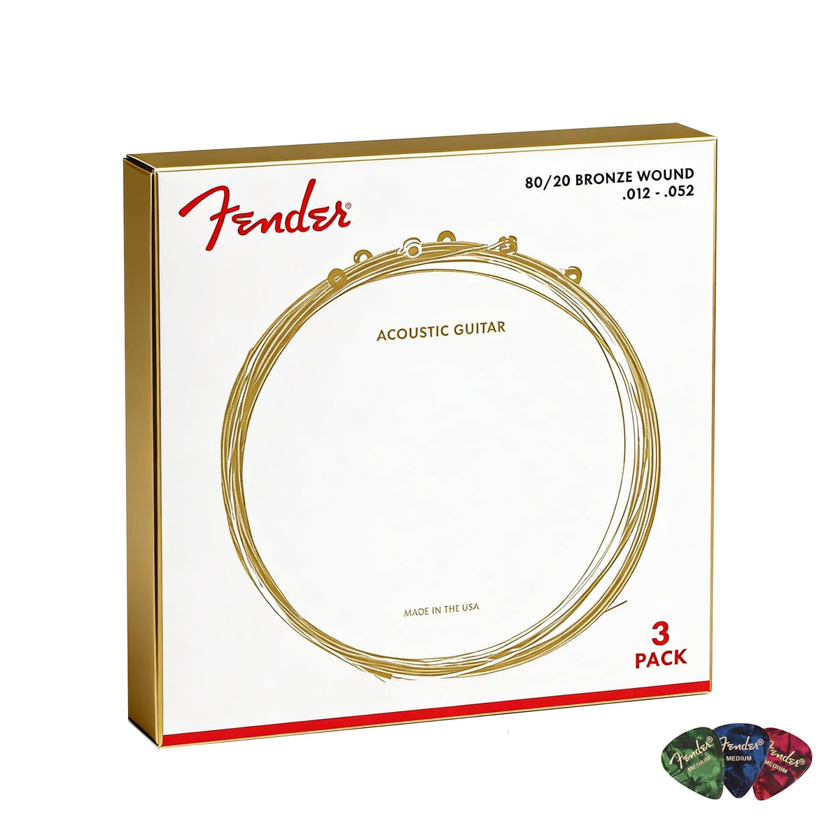 Fender 80/20 Bronze Acoustic Strings, Ball End, Custom Light, .011-.052 - 3 Pack w/ Picks