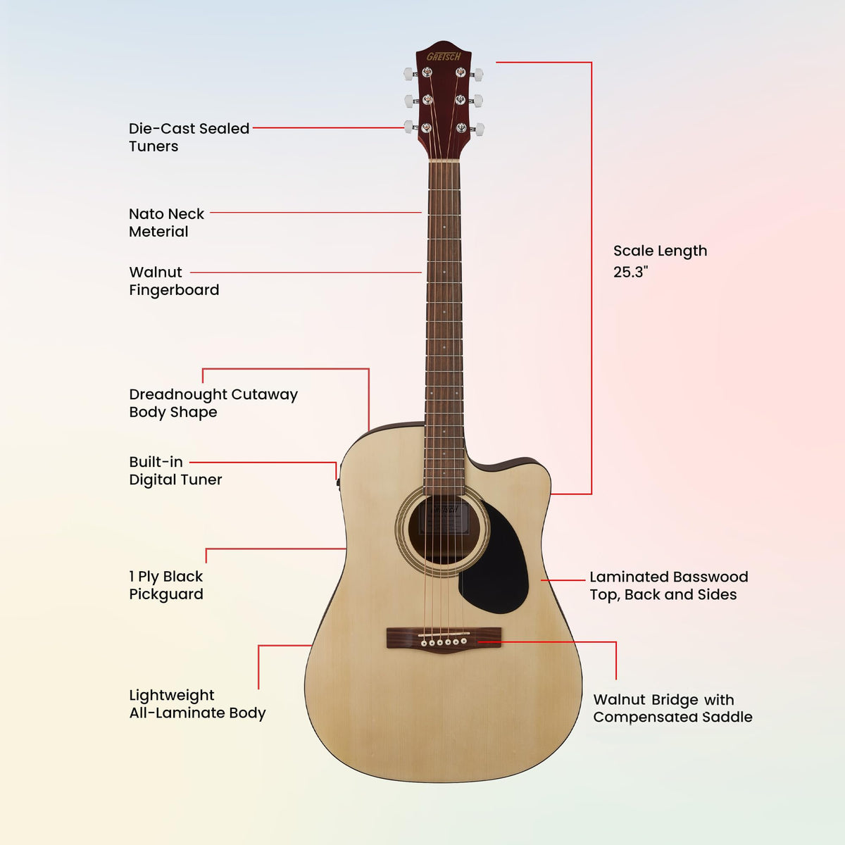 Gretsch Prelude D100CE Dreadnought Cutaway Acoustic-Electric Guitar - Natural