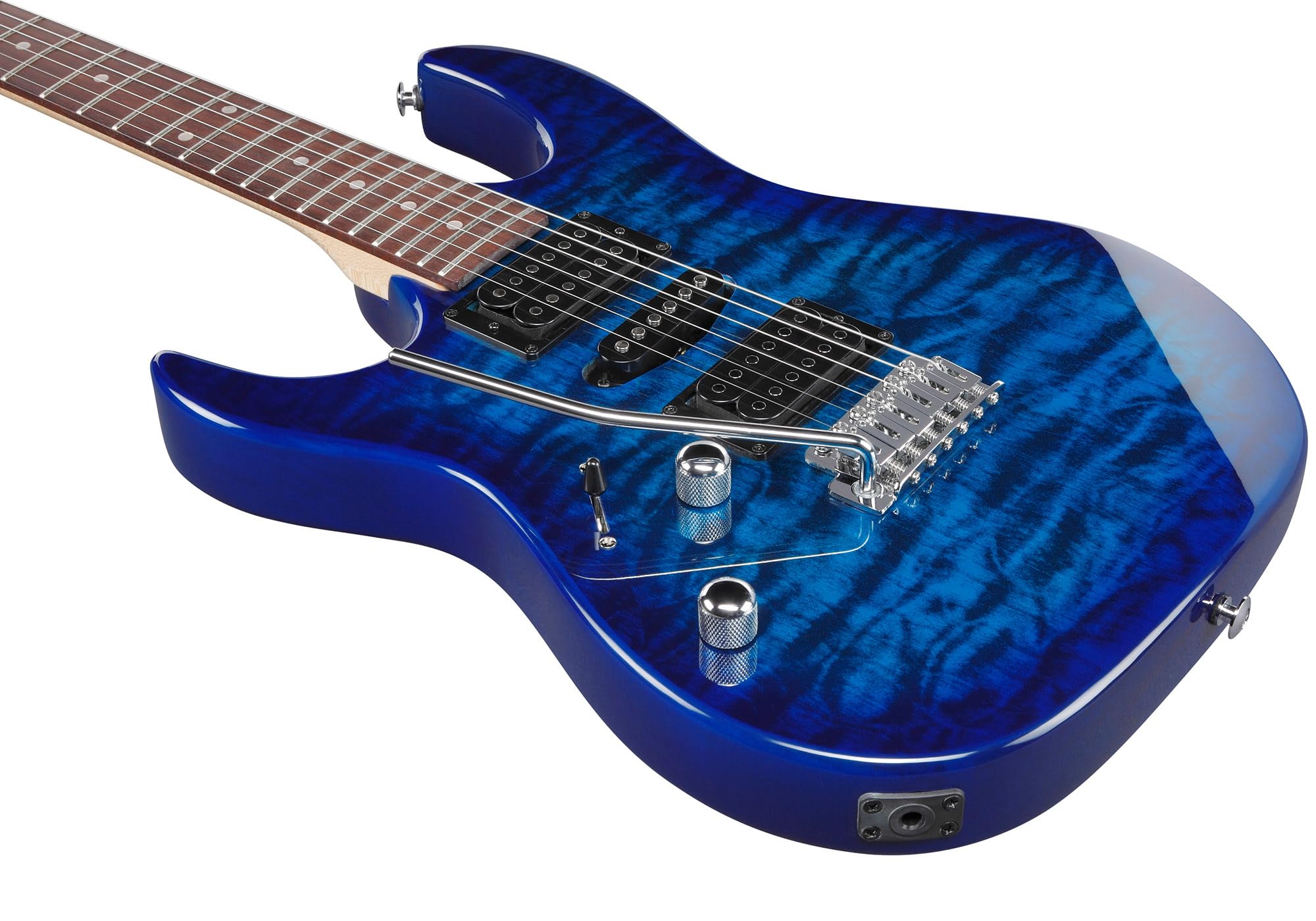 Ibanez GRX70QAL RG Gio Electric Guitar, Left Handed - Transparent Blue Burst w/ Amplifier
