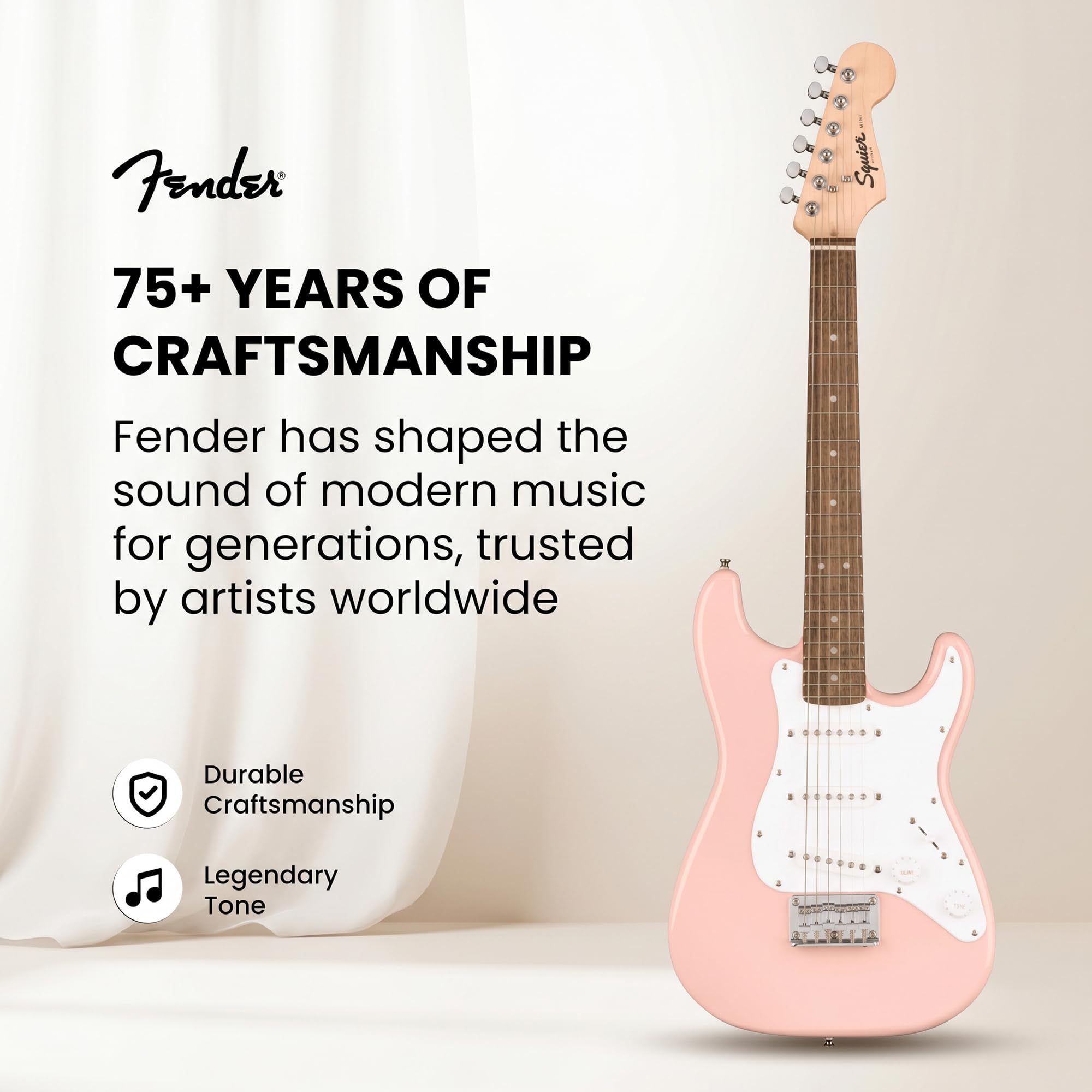 Fender Squier 3/4-Size Kids Mini Strat Electric Guitar - Shell Pink w/ Amplifier