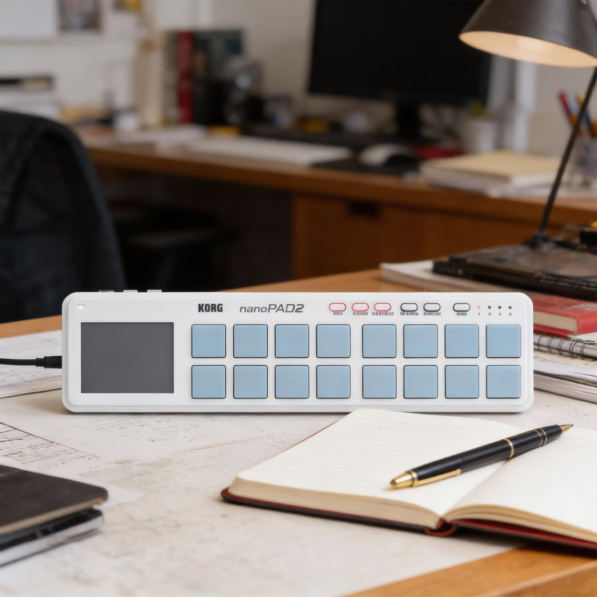 Korg nanoPAD2 Slim-Line USB Controller - White w/ Headphones