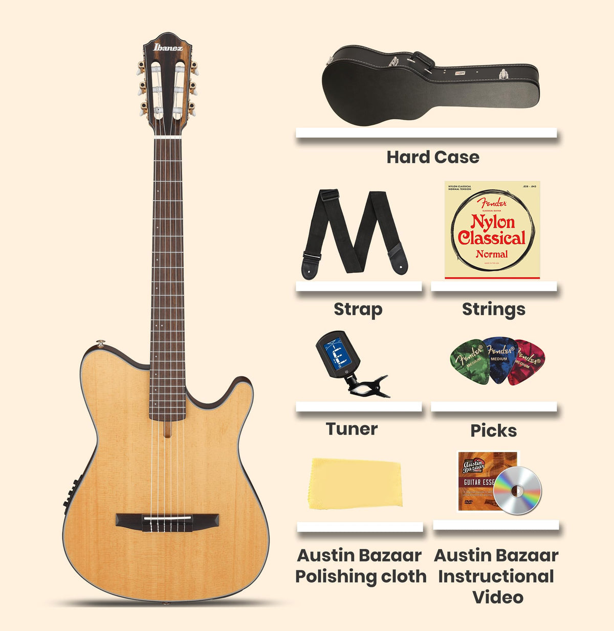 Ibanez FRH10N FRH Thinline Nylon String Acoustic-Electric Guitar - Natural Flat w/ Case