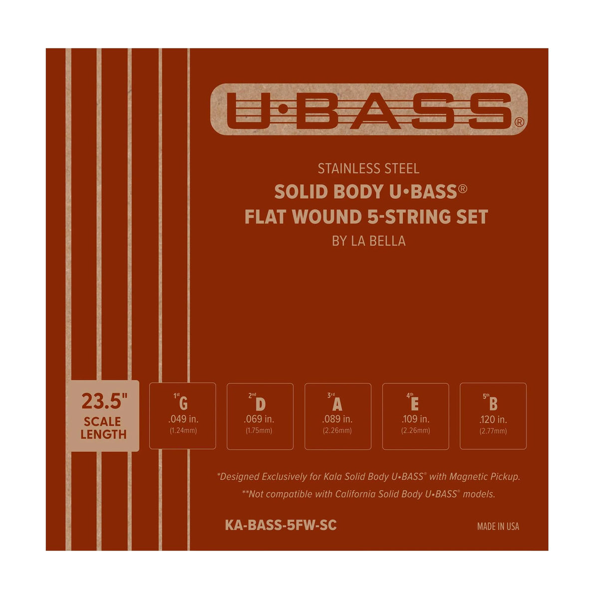 Kala KA-BASS-5FW-SC Stainless Steel Solid Body U-Bass Flat Wound 5-String Set