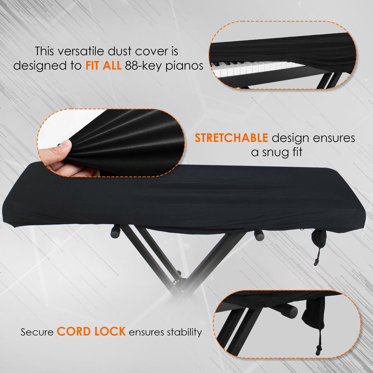 Gearlux Stretchy Keyboard Dust Cover for 88-Key Digital Pianos (60 x 22 x 8 Inches) w/ Keyboard Stand