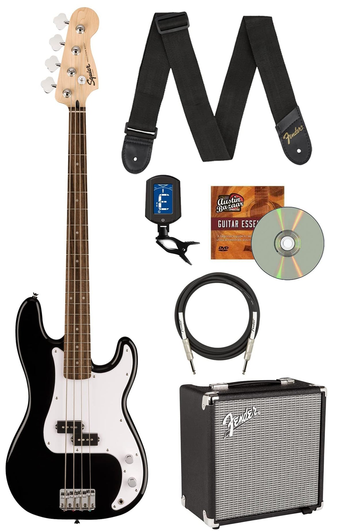 Fender Squier Sonic Precision Bass Guitar - Black w/ Rumble 15 Amplifier