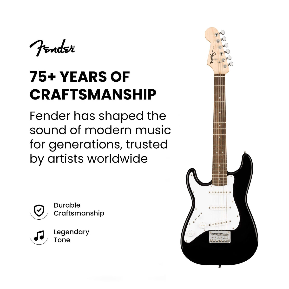 Fender Squier 3/4-Size Kids Mini Strat Electric Guitar, Left Handed - Black w/ Amplifier