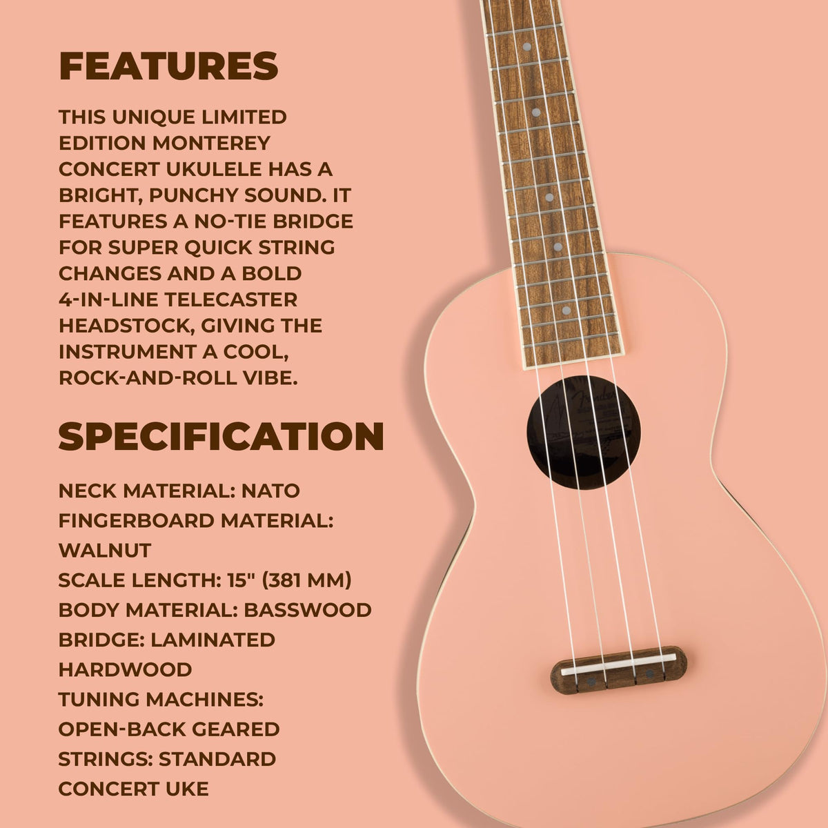 Fender Monterey Concert Ukulele - Shell Pink