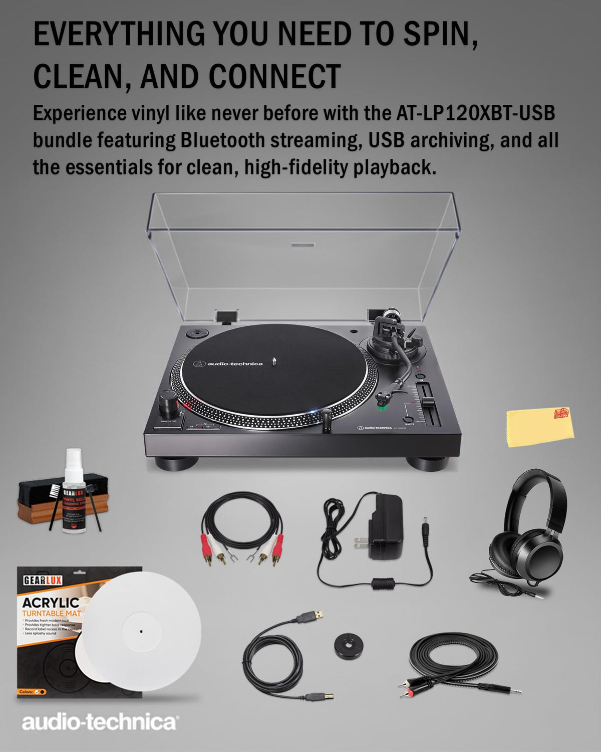 Audio-Technica AT-LP120XBT-USB Wireless Direct-Drive Turntable - Black w/ Headphones