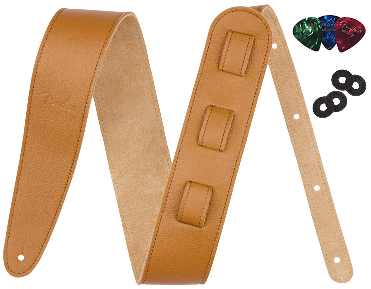 Fender Top-Grain Leather Guitar Strap - Laurel Tan w/ Red Strap Blocks