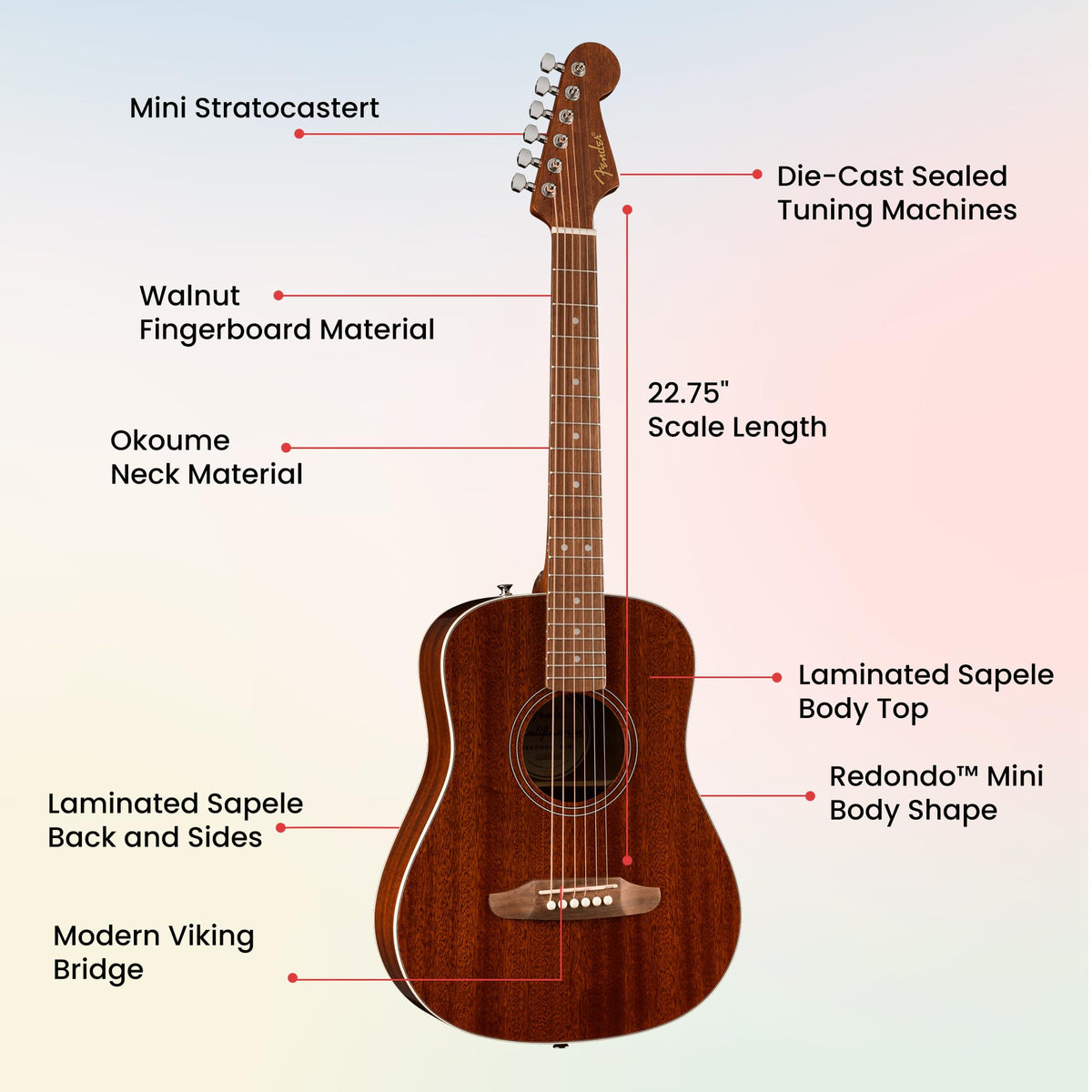 Fender California Standard Redondo Mini 3/4-Size Kids Acoustic Guitar - Natural w/ Gig Bag
