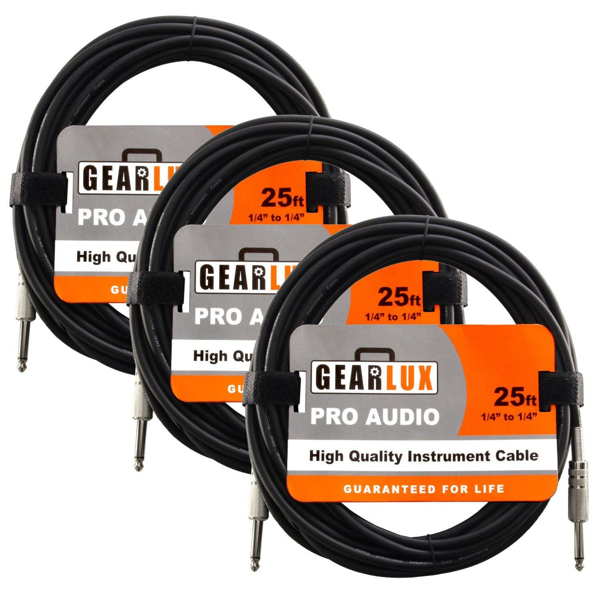 Gearlux Instrument Cable, 1/4 Inch, Straight-Straight, Black, 25 Foot - 3 Pack