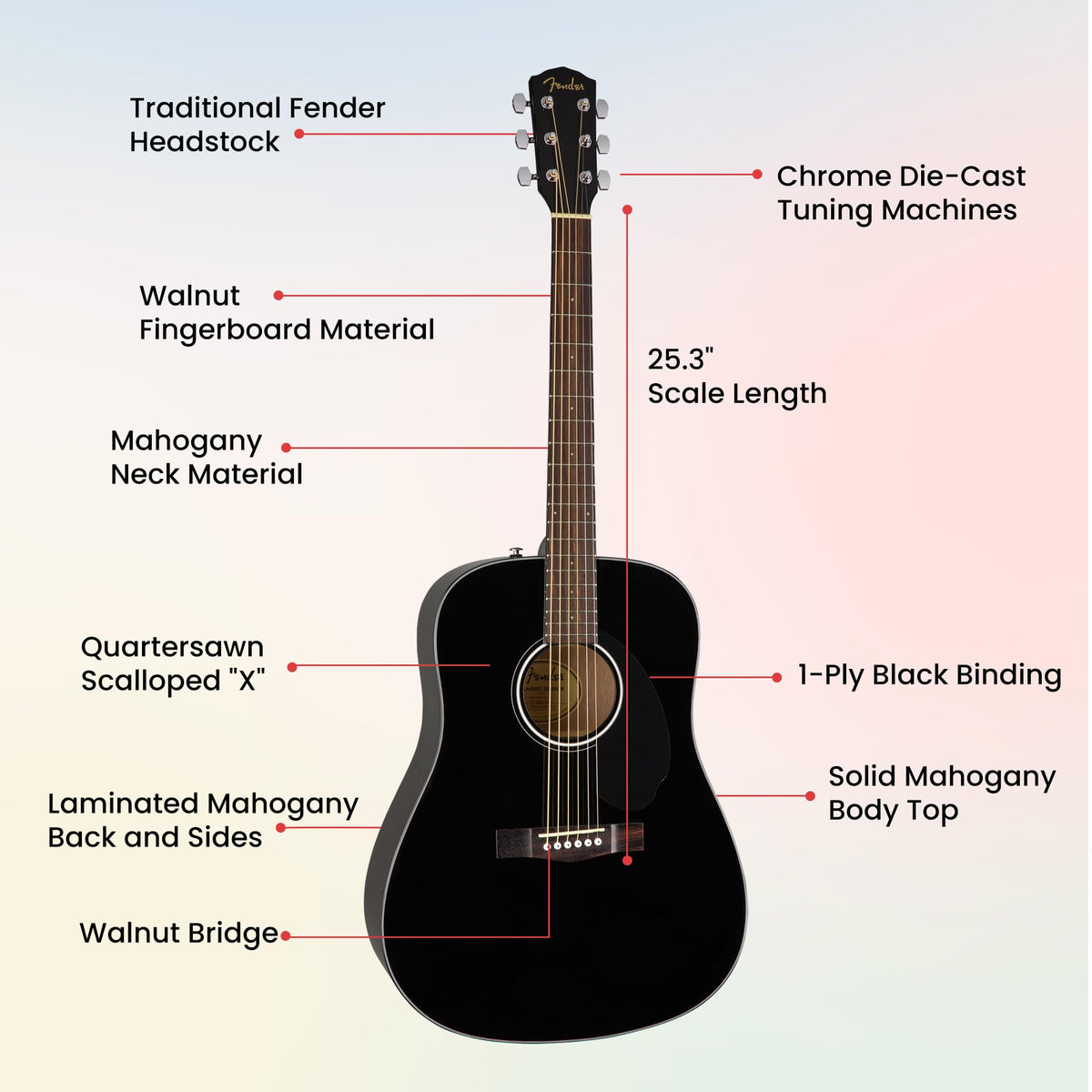 Fender CD-60S Solid Top Dreadnought Acoustic Guitar - Black w/ Hard Case