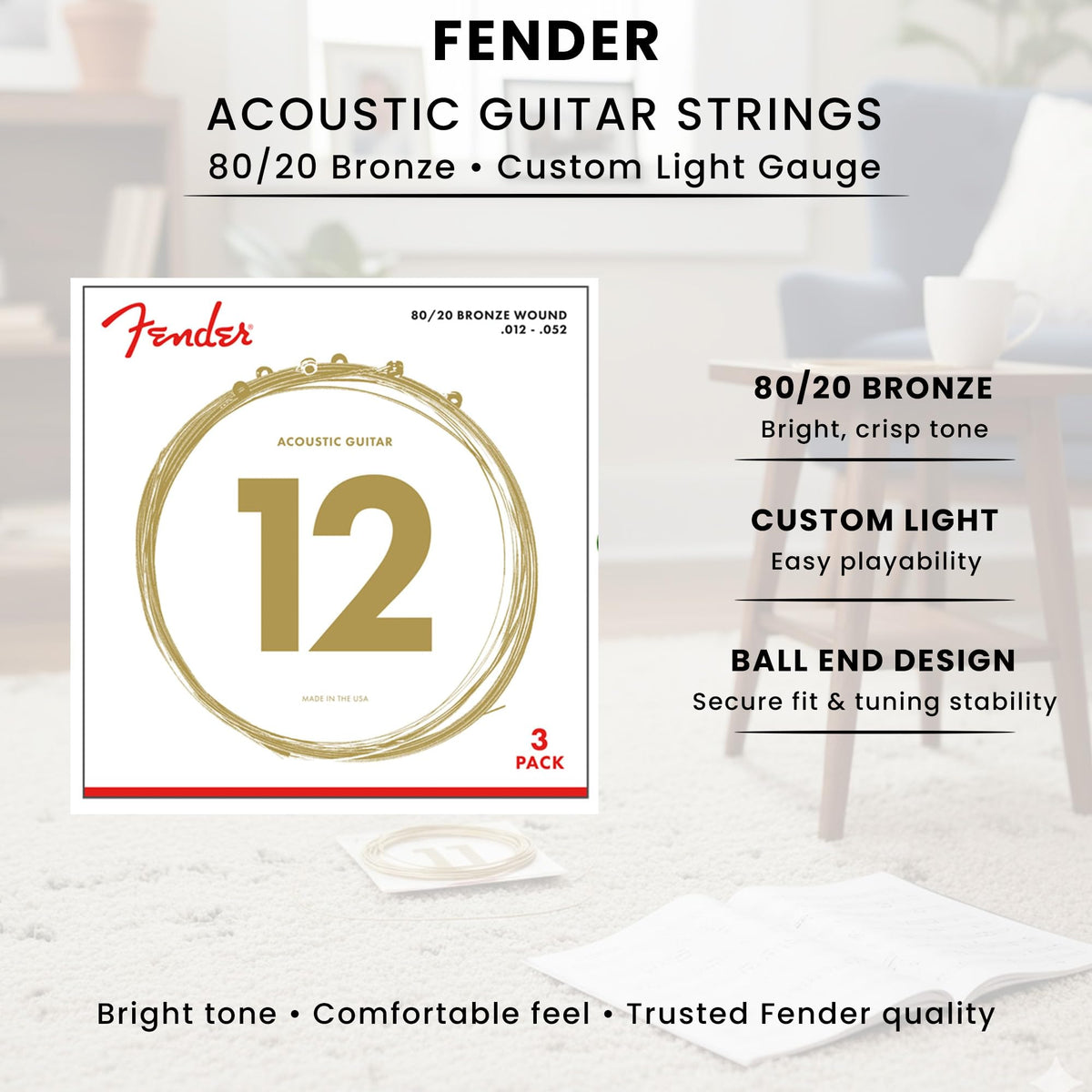 Fender 80/20 Bronze Acoustic Guitar Strings, Ball End - Light .012-.052 - 3 Pack w/ Picks