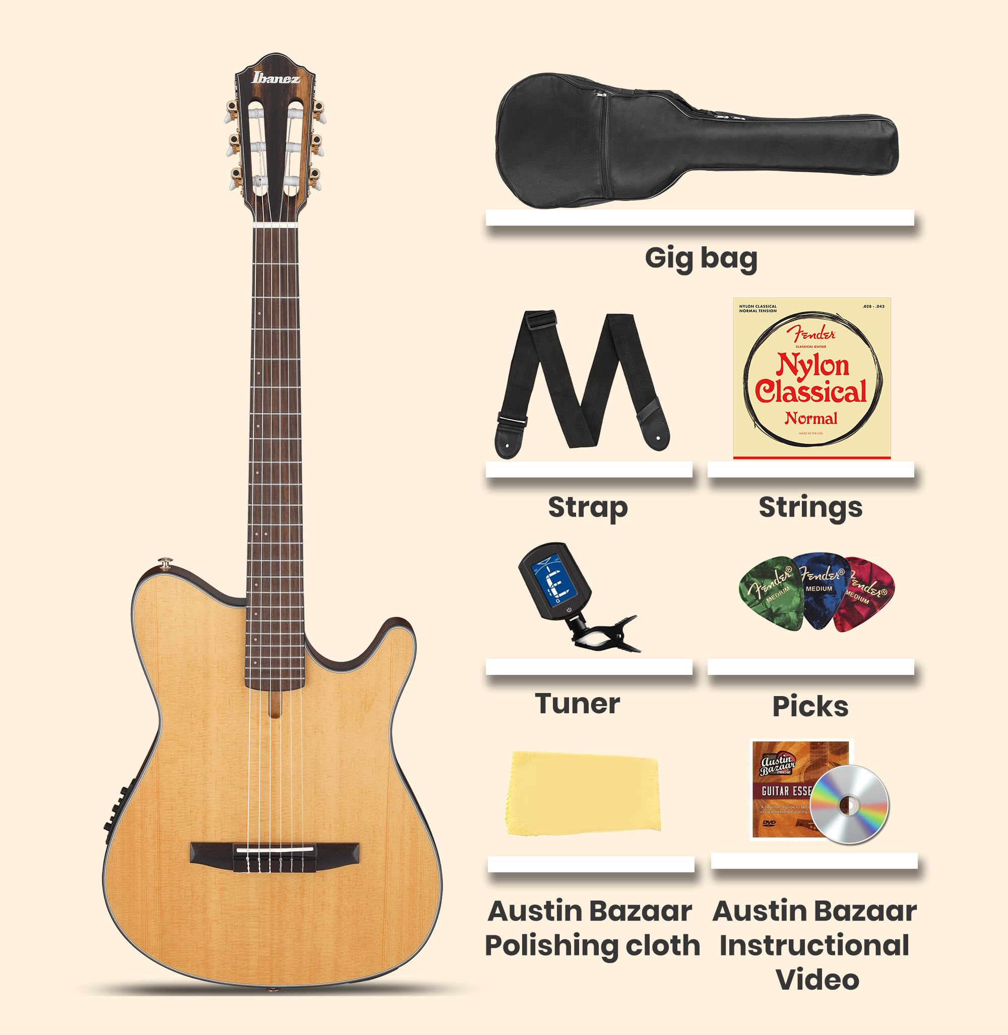 Ibanez FRH10N FRH Thinline Nylon String Acoustic-Electric Guitar - Natural Flat w/ Gig Bag