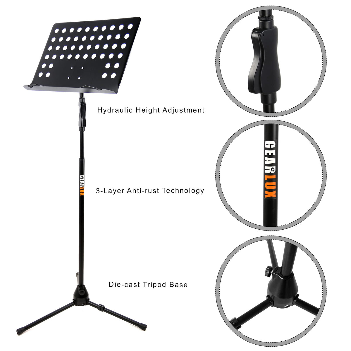 Gearlux Music Sheet Die-Cast Stand with Hydraulic Height Adjustment
