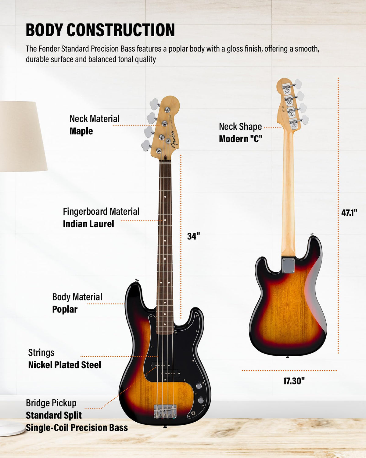 Fender Standard Precision Bass - 3-Color Sunburst w/ Guitar Cleaning Kit