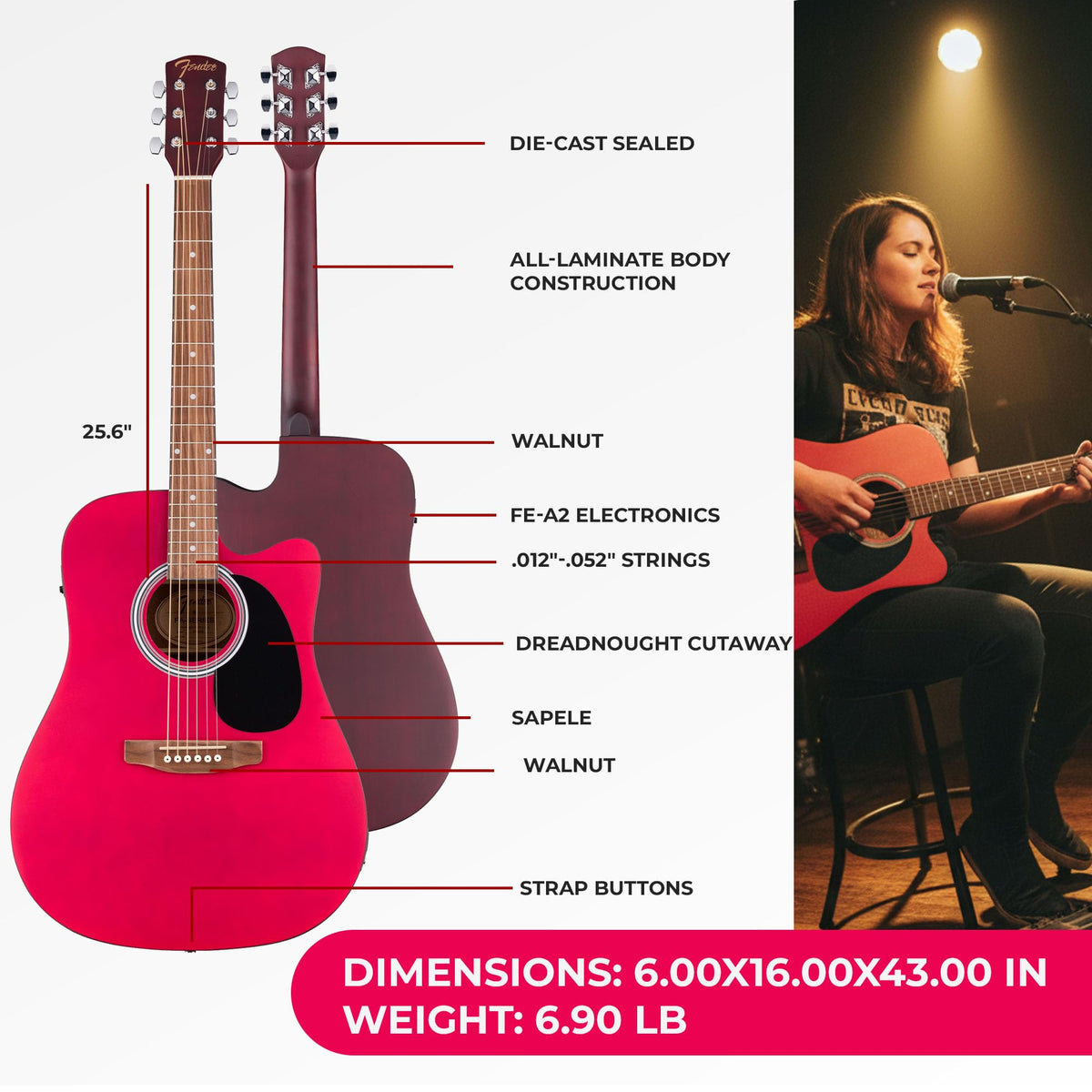 Fender FA Series Dreadnought Acoustic-Electric Guitar - Crimson Red