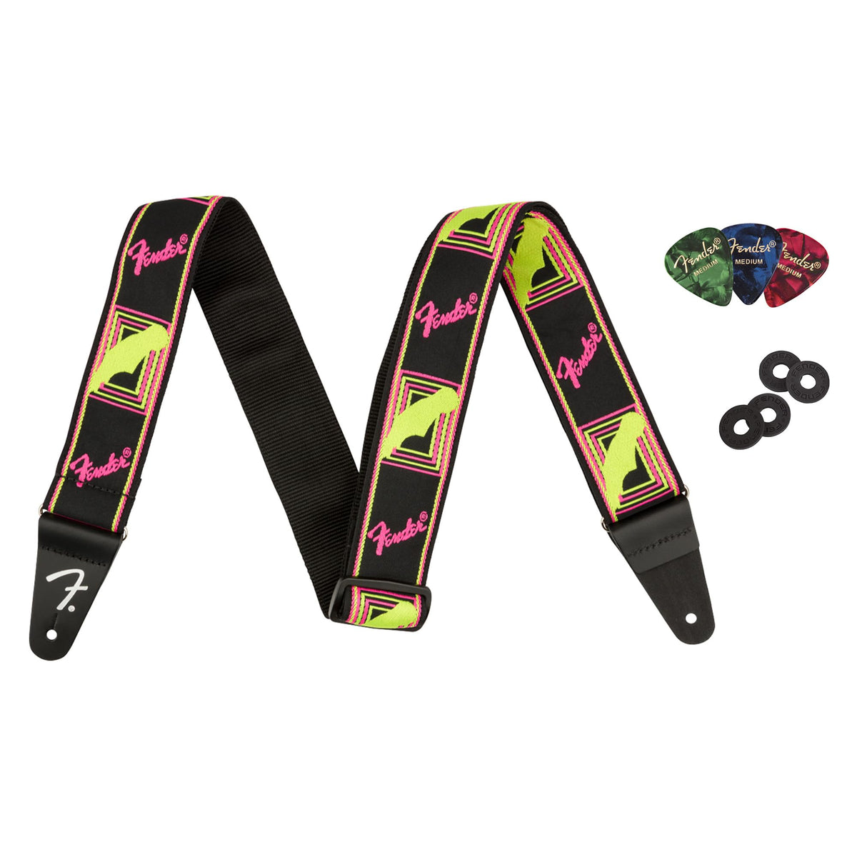 Fender Neon Monogrammed 2-Inch Guitar Strap - Pink and Yellow w/ Strap Blocks