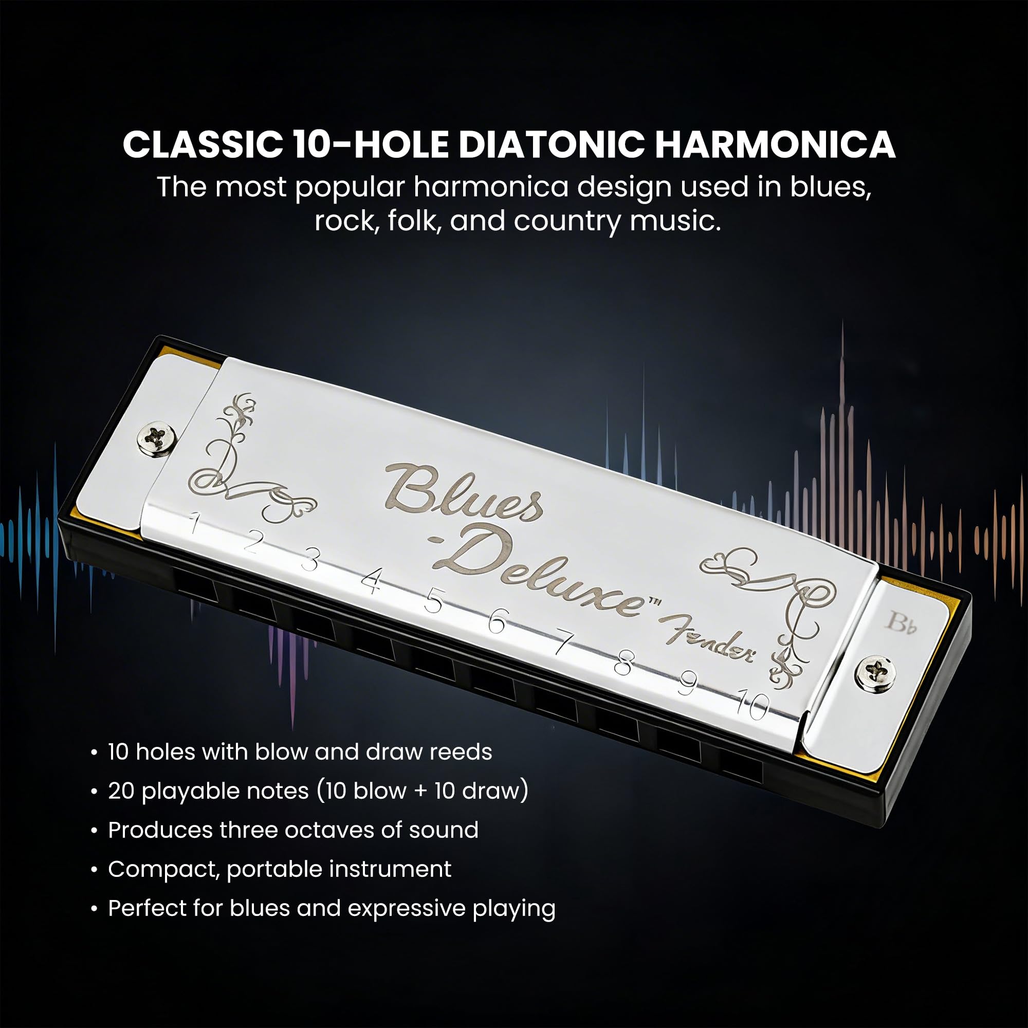 Fender Blues Deluxe Harmonica - Key of B Flat w/ Austin Bazaar Instructional Manual