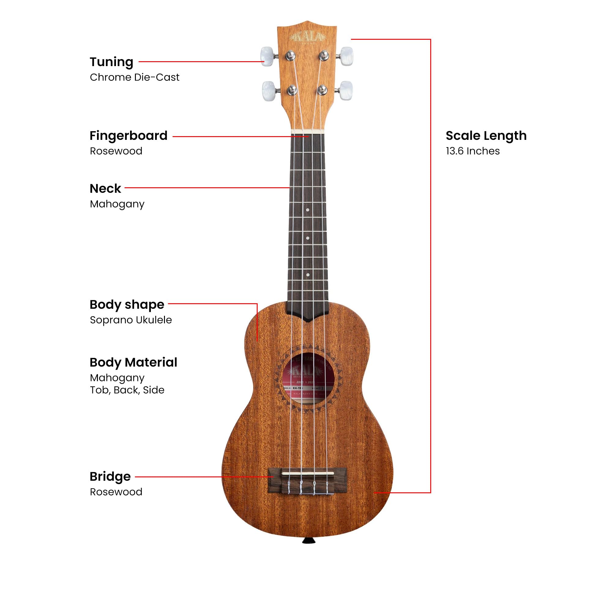 Kala KA-15S Satin Mahogany Soprano Ukulele w/ Gig Bag