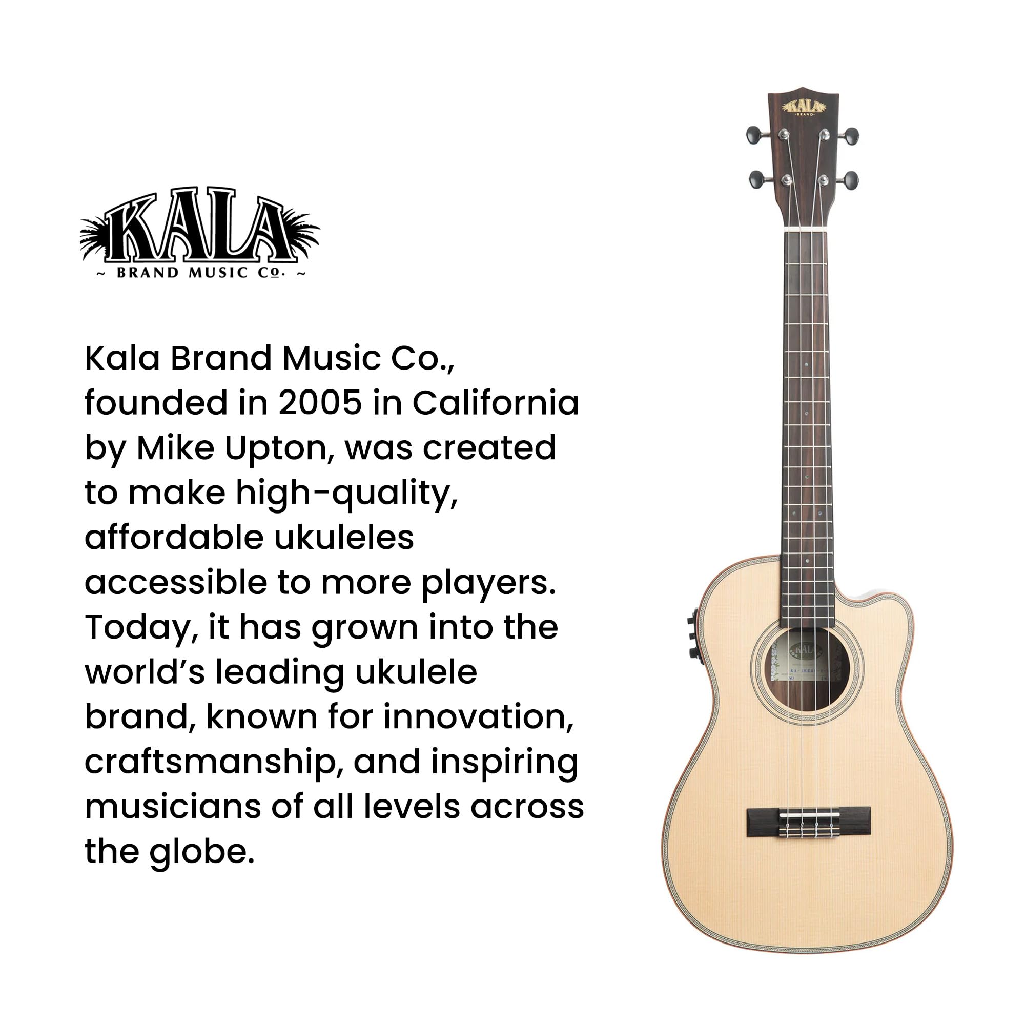 Kala KA-SSEBY-B-CE Solid Spruce Top Striped Ebony Baritone Cutaway Acoustic-Electric Ukulele
