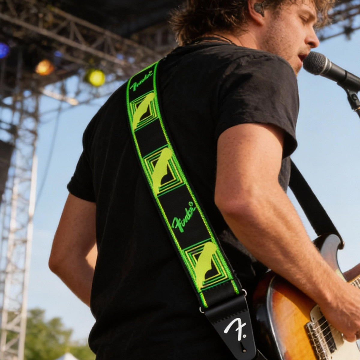 Fender Neon Monogrammed 2-Inch Guitar Strap - Green and Yellow w/ Strap Blocks